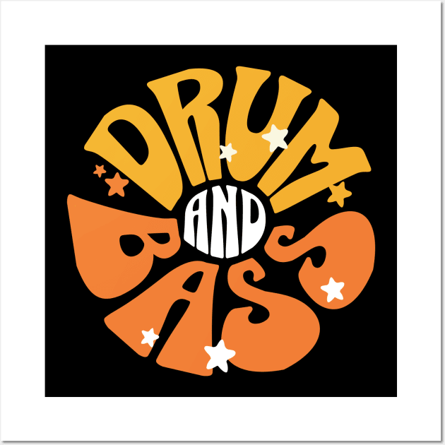 DRUM AND BASS  - Y2K Floral Font (White/Orange/Yellow) Wall Art by DISCOTHREADZ 